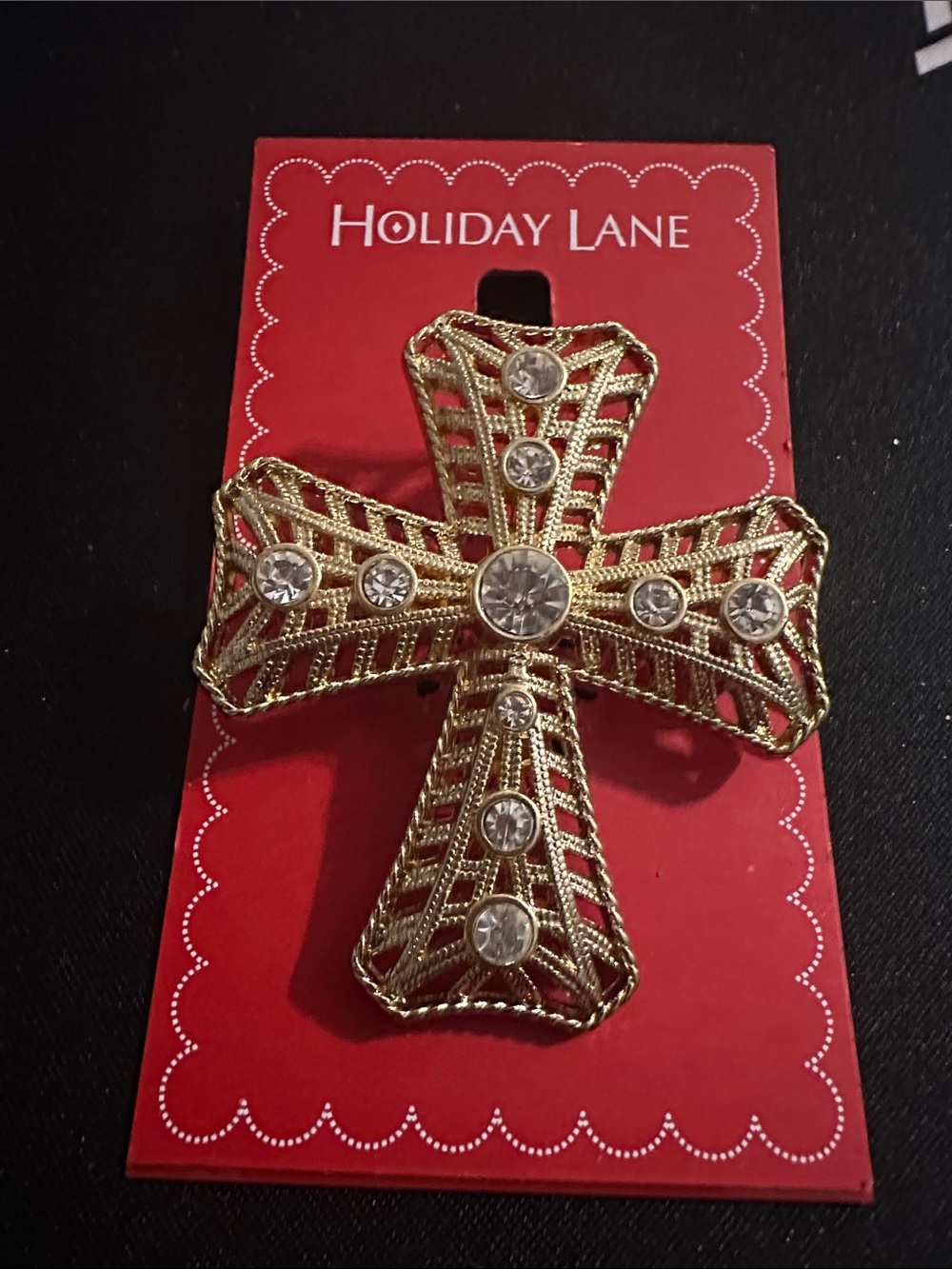 Holiday Lane Gold Filigree Cross Brooch with Clear Stones
#33